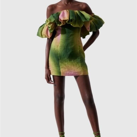 The Wolfgang - Off Shoulder Tie Dye Mini Dress in Green & Purple - Picture 5 of 5